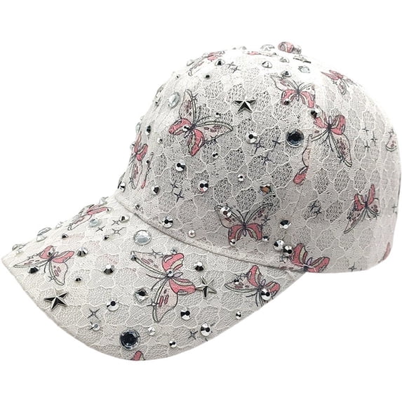 Hsqqdc Lace Rhinestone Baseball Cap, Bow-knot Butterfly Adjustable Sun Protection Hat