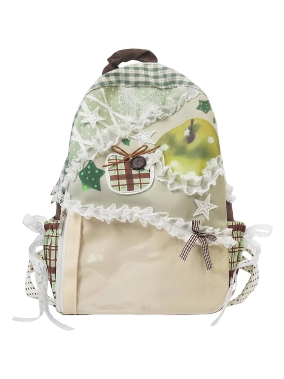 Lace Trim Plaid Apple Ita Bag Backpack, Sweet Kawaii Daypack for Women, Green, 1 Pack