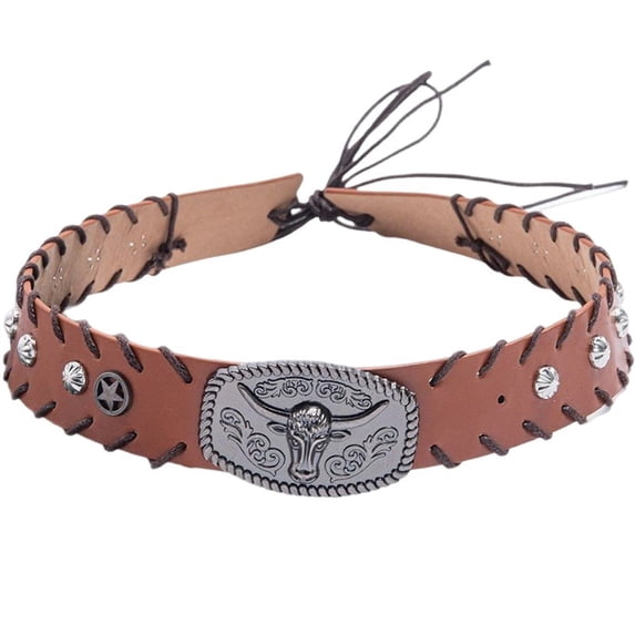 Hsqqdc Leather Hat Band with Bull Head Buckle Replacement Cowboy Fedora Panama Accessory