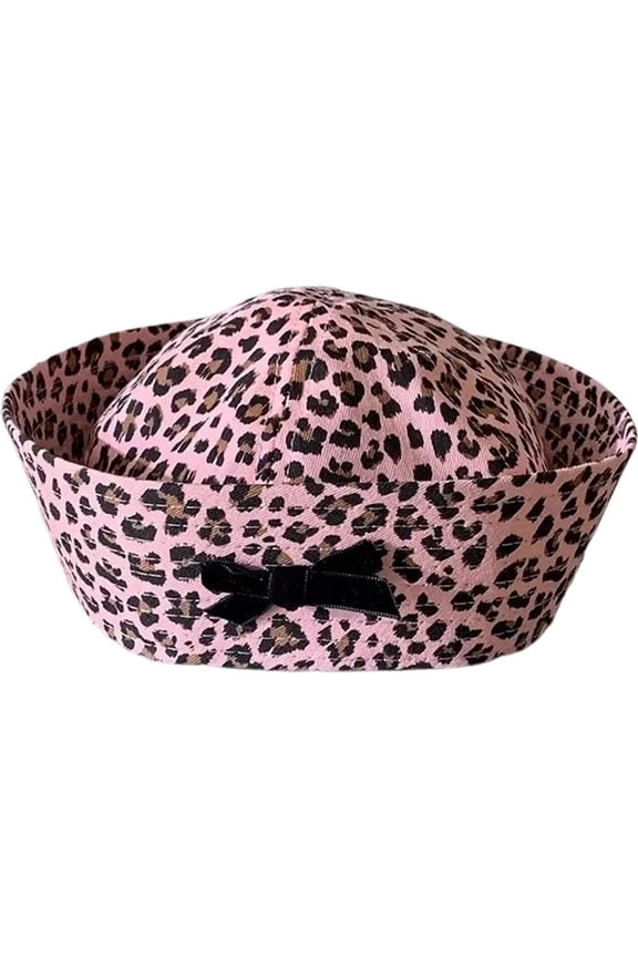 Leopard Print Sailor Beret Hat with Bow Women Flipped Brim Vintage Dress-Up Cap