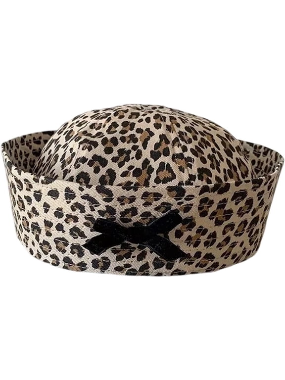 Leopard Print Sailor Hat with Bow Women Vintage Flipped Brim Beret Dress-Up Cap