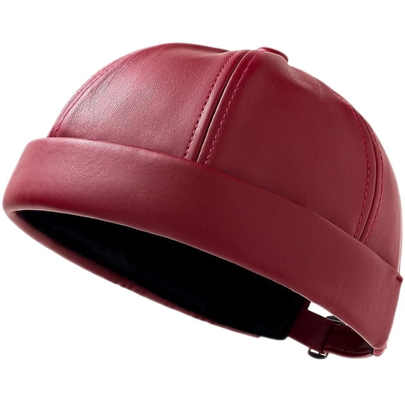 Hsqqdc Men Brimless Leather Docker Hat Retro Rolled Cuff Worker Sailor Cap Adjustable