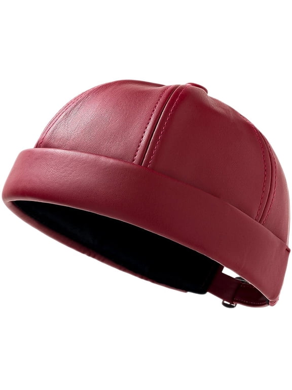 Men Brimless Leather Docker Hat Retro Rolled Cuff Worker Sailor Cap Adjustable