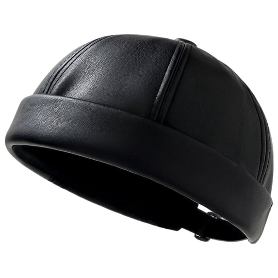 Hsqqdc Men PU Leather Brimless Hat Retro Rolled Cuff Docker Cap Worker Sailor Adjustable
