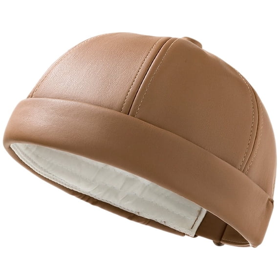 Hsqqdc Men Retro Brimless Docker Cap PU Leather Rolled Cuff Worker Beanie Sailor Hat
