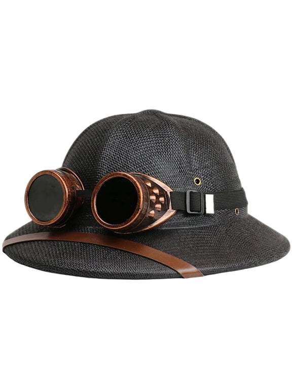 Novelty Straw Pith Helmet with Removable Goggles, Punk Style Sun Protection for Outdoor Adventure