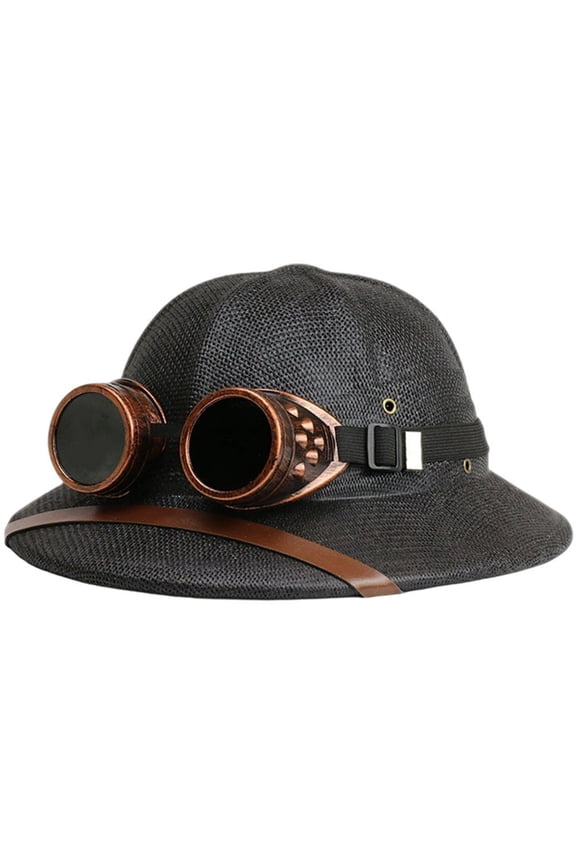 Novelty Straw Pith Helmet with Removable Goggles, Punk Style Sun Protection for Outdoor Adventure
