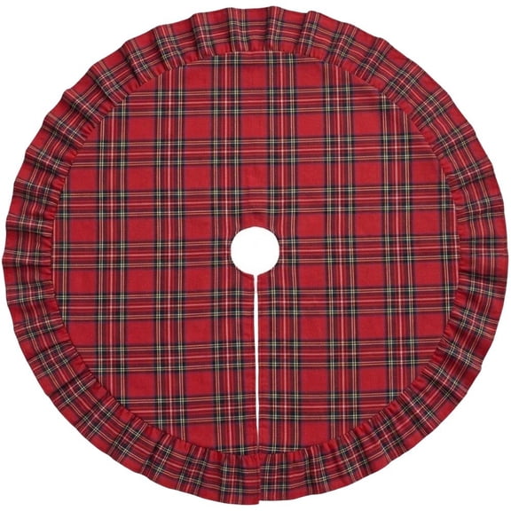 Hsqqdc Plaid Christmas Tree Skirt, Ruffled Gingham Tree Base Cover with Fastener, Rustic Farmhouse Xmas Decor, Large Check, 35.4 in, 1 Pack