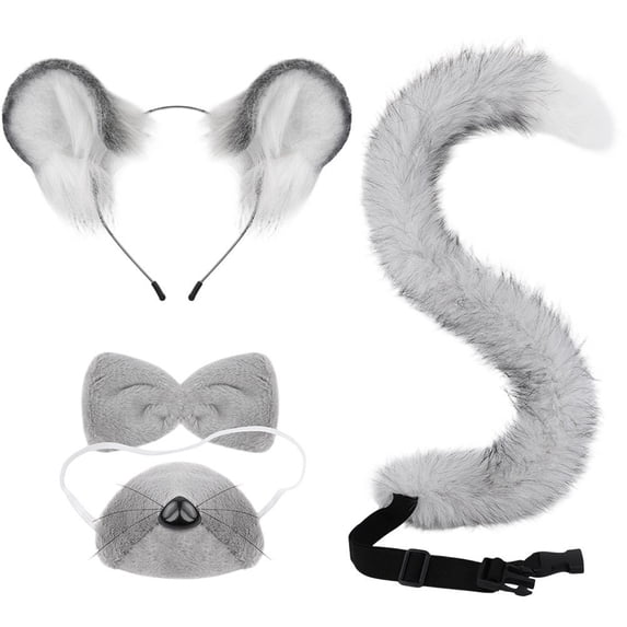 Hsqqdc Plush Gray Mouse Ears Shape Headband Set with Bow Tie and Tail, 4 Pieces