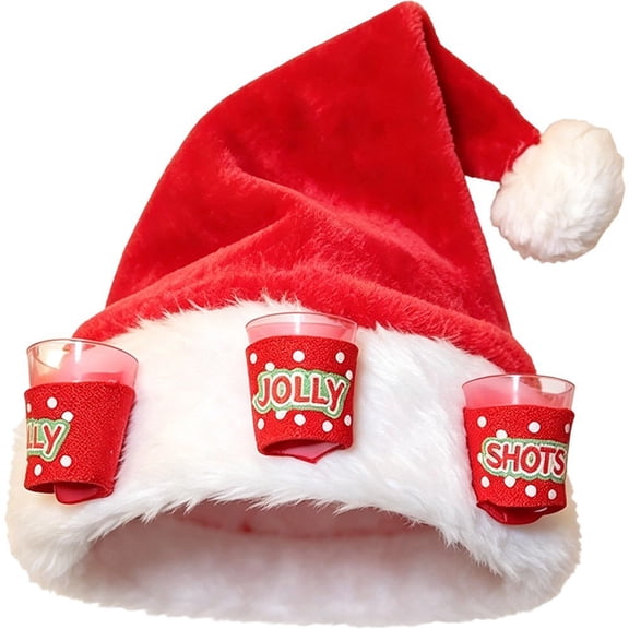 Hsqqdc Plush Red Santa Hat with 3 Shot Glass Holders Funny Drinking Headwear for Christmas Party Bar Events 1-Piece