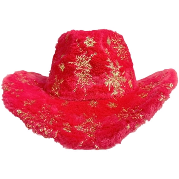Hsqqdc Polyester Red Snowflake Plush Western Cowboy Hat for Adults Holiday Party 1-Piece