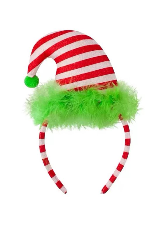 Red Green Christmas Elf Headband 10.2-Inch Green Plush Trim Xmas Hat Hair Hoop for Festive Party 1-Piece