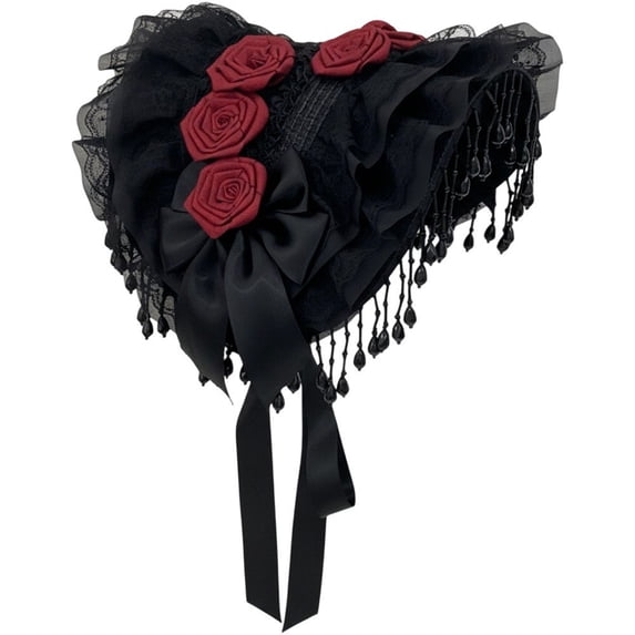 Hsqqdc Red Sweet Lolita Lace Bonnet Hat, Victorian Ruffle Hat with Tassels for Tea Party