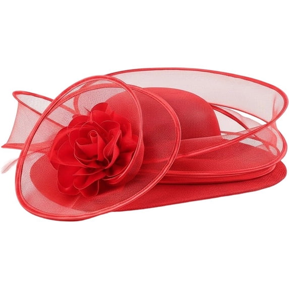 Hsqqdc Red Wide Brim Derby Church Hat, Elegant Formal Fascinator Hat for Weddings