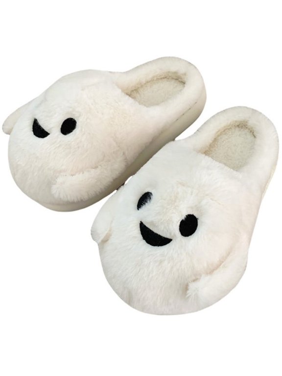 Spooky Ghost Plush House Slippers, Non-Slip Winter Slides, White, EUR 38-39, 1 Pair