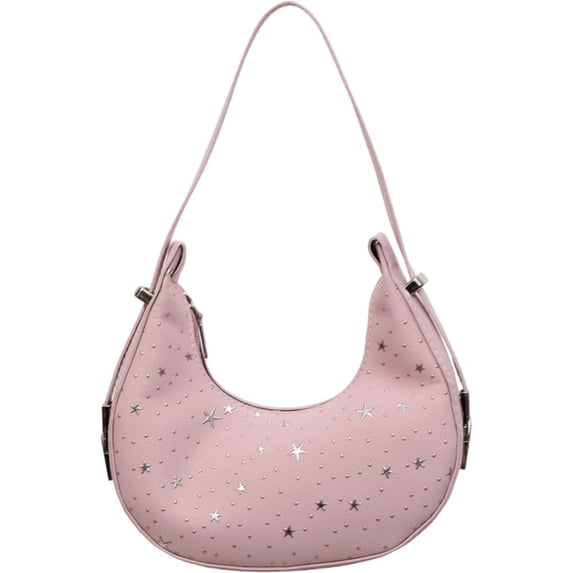 Hsqqdc Star Moon Pattern Y2K Crescent Underarm Bag with Silver Studs and Buckle Details