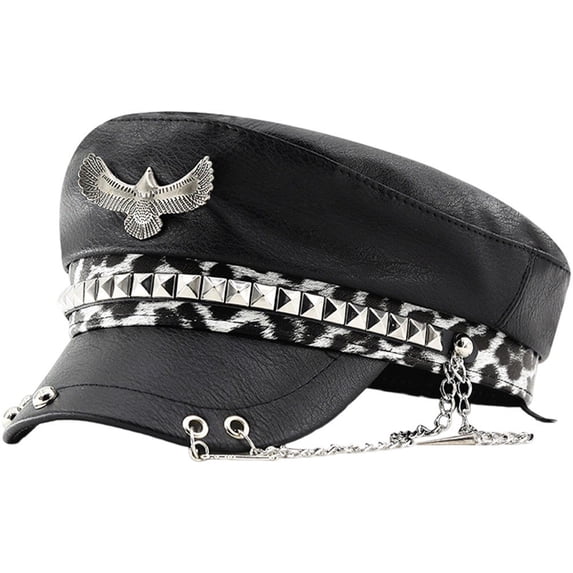 Hsqqdc Unisex Metal Rivet Studded Captain Hat PU Leather Flat Peaked Sailor Navy Cap