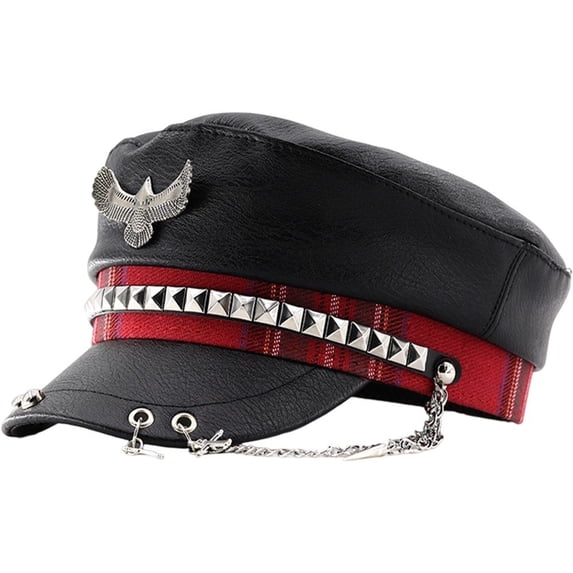 Hsqqdc Unisex Spike Studded Cap PU Leather Flat Top Peaked Hat Vintage Captain Sailor Hat