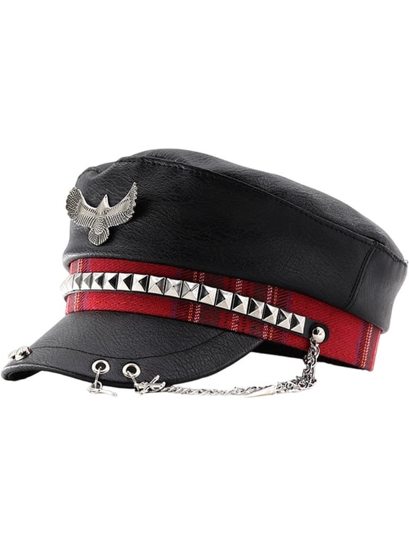 Unisex Spike Studded Cap PU Leather Flat Top Peaked Hat Vintage Captain Sailor Hat
