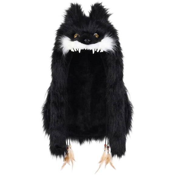 Hsqqdc Viking Style Plush Wolf Head Hat, Animal Winter Hood with Earflaps for Adults, Black, 20x60 cm, 1 Piece