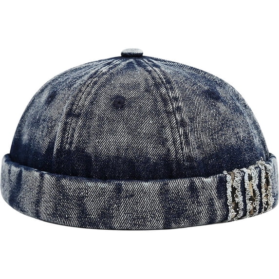 Hsqqdc Vintage Washed Denim Brimless Hat, Distressed Docker Cap Adjustable Sailor Cap
