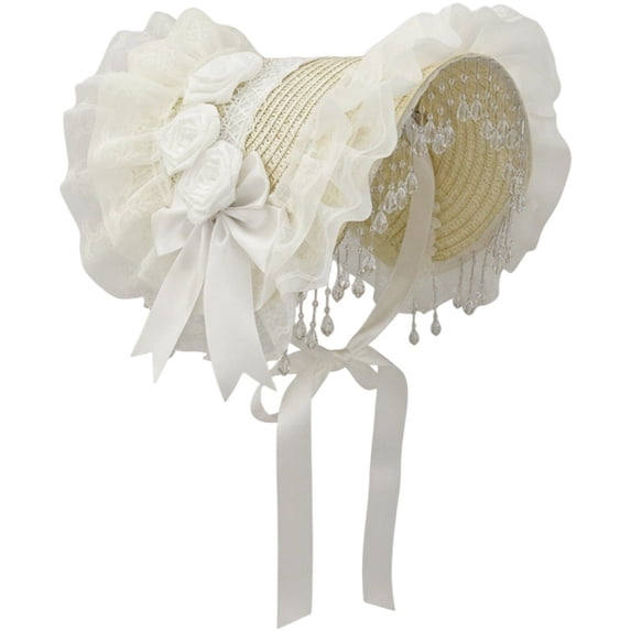 Hsqqdc White Sweet Lolita Lace Bonnet Hat, Victorian Ruffle Hat with Tassels for Tea Party