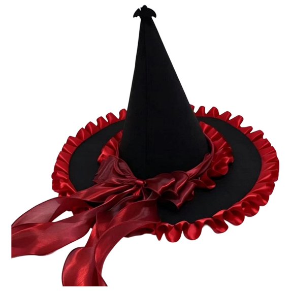 Hsqqdc Women Decorative Velvet Pointer Hat Ruffled Edge Long Ribbon Bow Festival Party Cap