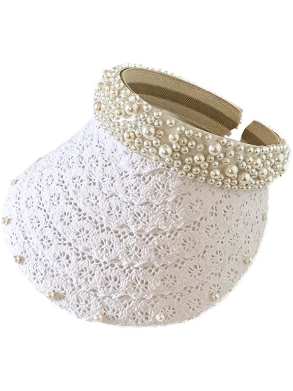 Women Foldable Straw Pearl Visor Sun Hat Wide Lace Brim Beach Summer UV Cap
