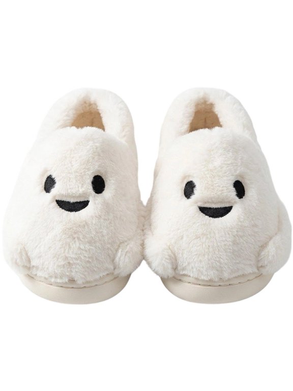 Women Men Plush Ghost Slippers Winter Warm Fluffy Halloween House Shoes (White)