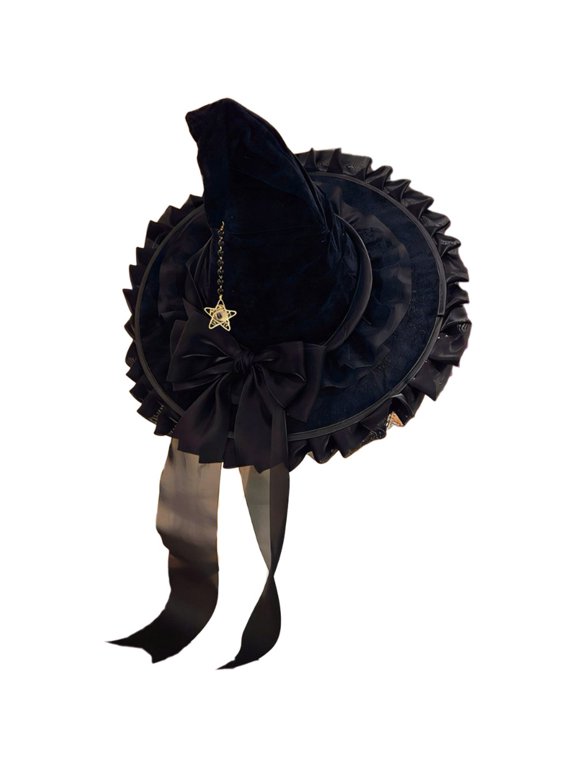 Women Pointed Party Hat Lace Ruffle Sheer Bow Star Pendant Dark Aesthetic Festival Headwear