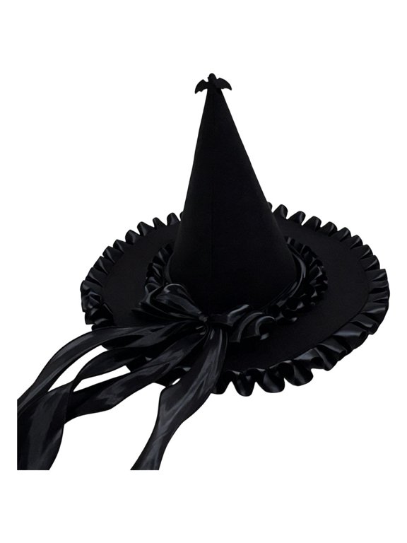 Women Velvet Ruffled Pointer Hat Ribbon Bow Dark Fantasy Masquerade Festival Headwear