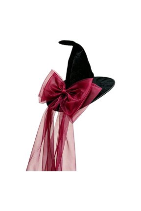Women Velvet Tall Pointed Party Hat Gradient Organza Bow Ribbon Sheer Streamer Headwear