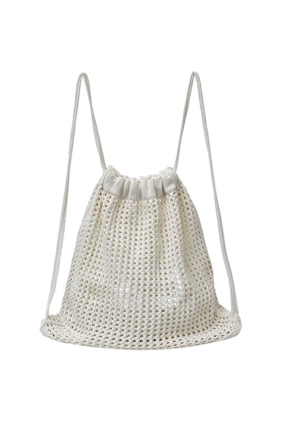 Women's Woven Crochet Backpack Knitted Drawstring Boho Rucksack Beach Bag