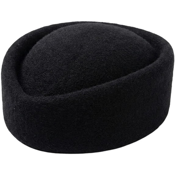 Hsqqdc Wool Blend Polyester Black Vintage Stewardess Beret Hat 22-22.8 Inch Pillbox Headwear 1-Piece