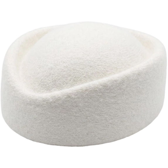 Hsqqdc Wool Blend Polyester White Vintage Stewardess Beret Hat 22-22.8 Inch Pillbox Headwear 1-Piece