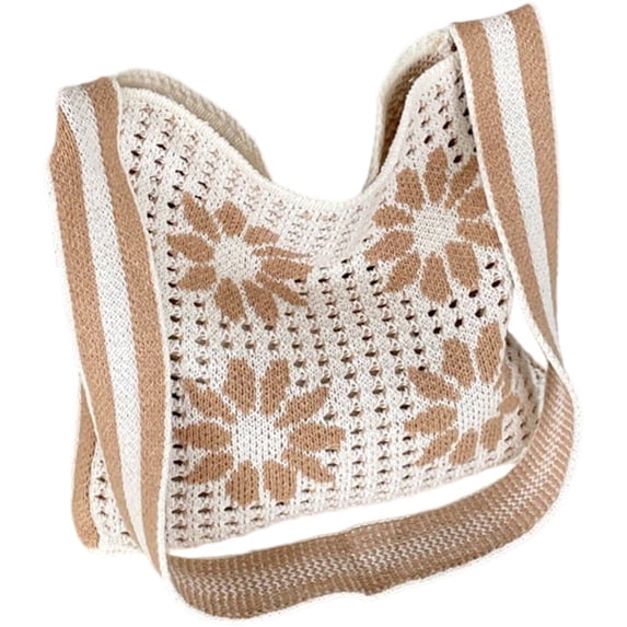 Hsqqdc Woven Flower Shoulder Bag, Large Capacity Knitted Hollow Tote for Summer Beach