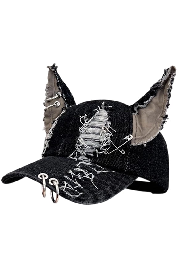 Y2K Rabbit Ears Ripped Denim Baseball Cap, Graffiti Adjustable Street Hip-Hop Hat for Men Women