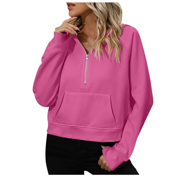 Htigea 1/4 Zip Up Hoodies for Women Casual Hooded Pullover Fall Long Sleeve Sweatshirts with Pockets Hot Pink M