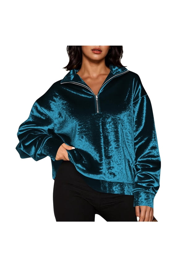 1/4 Zip Up Shirts for Women Velvet Long Sleeve Lapel Pullover Tops Casual Loose Fit Cropped Sweatshirts Navy M