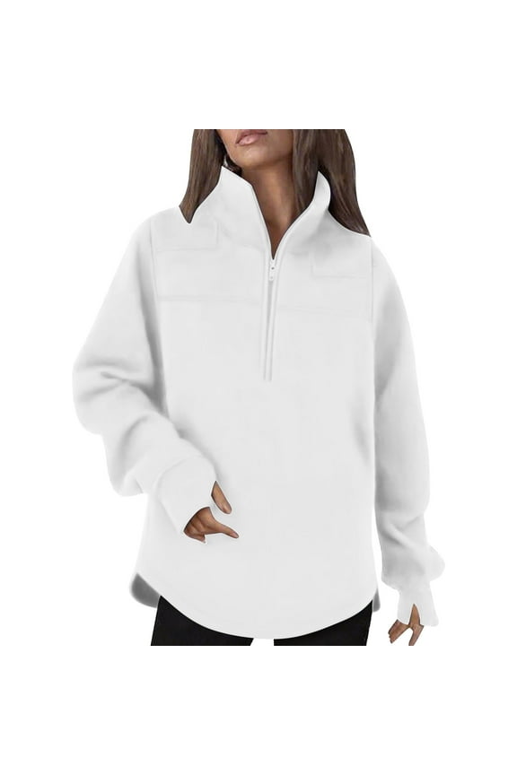 1/4 Zip Up Sweatshirts for Women Fleece Long Sleeve Lapel Pullover Tops Winter Tunic Shirts with Thumb Holes White L