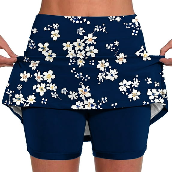 Htigea Under $10 Womens Flower Print Tennis Skorts Plus Size Workout Athletic Skort Summer Skirts Lightweight Badminton Skirt with Built in Shorts Navy S
