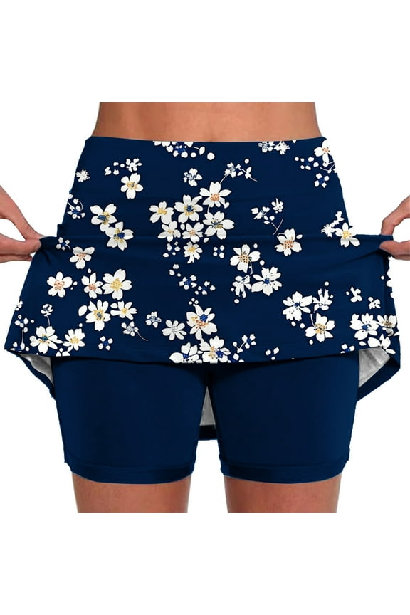 Under $10 Womens Flower Print Tennis Skorts Plus Size Workout Athletic Skort Summer Skirts Lightweight Badminton Skirt with Built in Shorts Navy S
