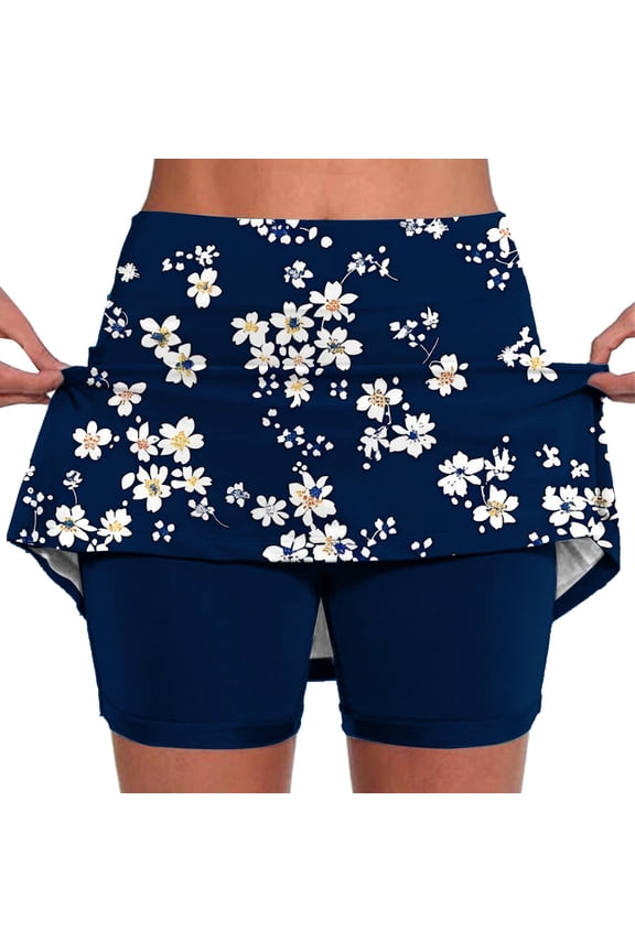 Womens Flower Print Tennis Skorts Plus Size Workout Athletic Skort Summer Skirts Lightweight Badminton Skirt with Built in Shorts Navy S