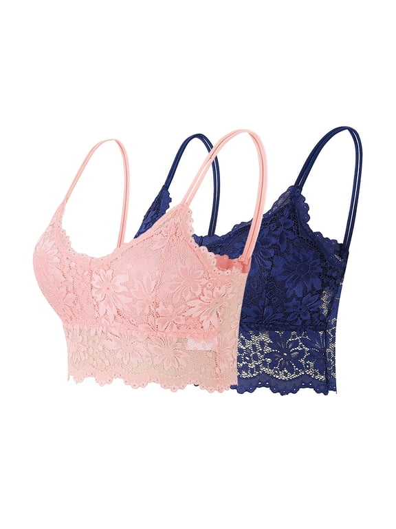 2 Pack Lace Camisole Bra for Women Spaghetti Straps No Wire Bras Fashion Y2K Base Tank Top Navy M