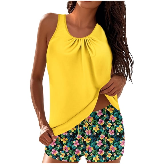 Htigea 2 Pack Modest Tankini Swimsuits for Women Tummy Control Bathing Suit Summer Swim Tank Top and Shorts Swimwear Yellow,L