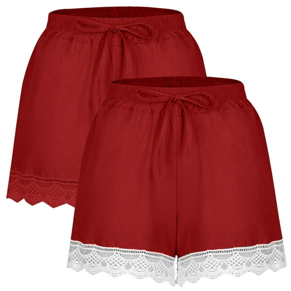 Htigea 2 Pack Womens Drawstring Shorts Lace Hem Wide Leg Shorts Summer Elastic Waist Casual Loose Fit Shorts Plus Size Cotton Linen Home Shorts Red,4XL