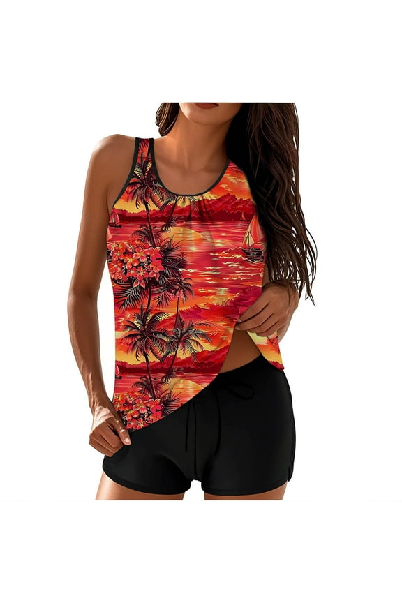 2 Pack Womens Tankini Bathing Suits Tummy Control Swimsuits Ladies Modest Tank Tops & Boy Shorts Swimwear Sets Red,XXL