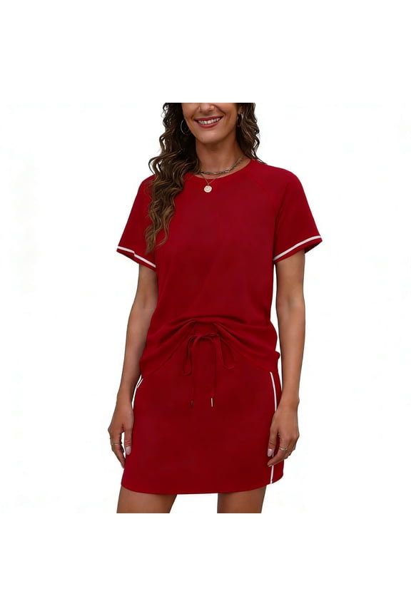 2 Piece Sets for Women Summer Short Sleeve Shirts and Skirt Matching Outfits Casual Trendy Daily Wear Red L