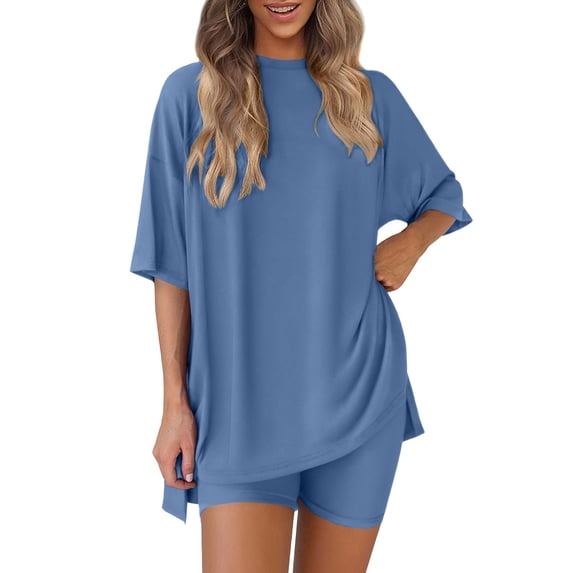Htigea 2 Piece Women Summer Outfits Oversized Short Sleeve Shirts and Elastic Waist Stretch Slim Shorts Matching Sets Casual Homewear Blue S