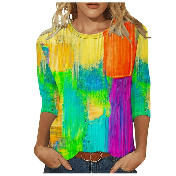 Htigea 3/4 Sleeve T-shirt for Women Trendy Tie-Dye Plus Size Blouse Summer Loose Fit Lightweight Tunics Tops Casual Outdoor Party Pullover